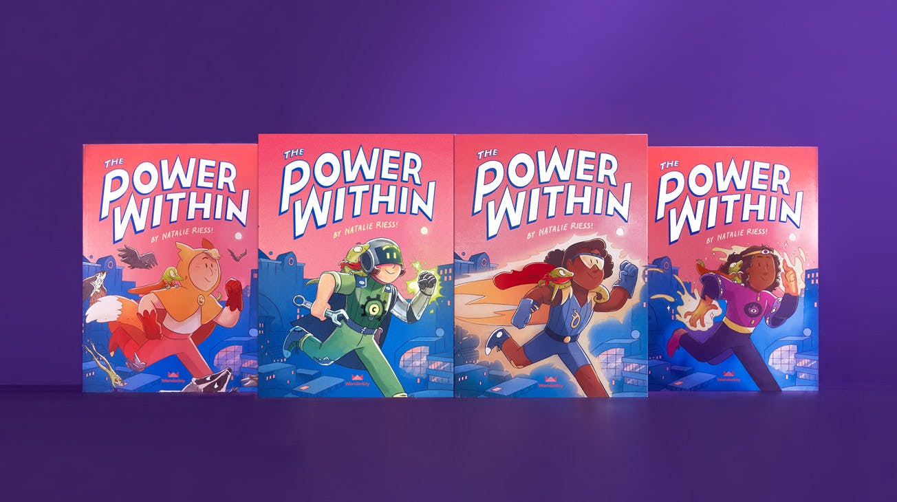 The Power Within book, four covers of four different superpowers and child adventurers
