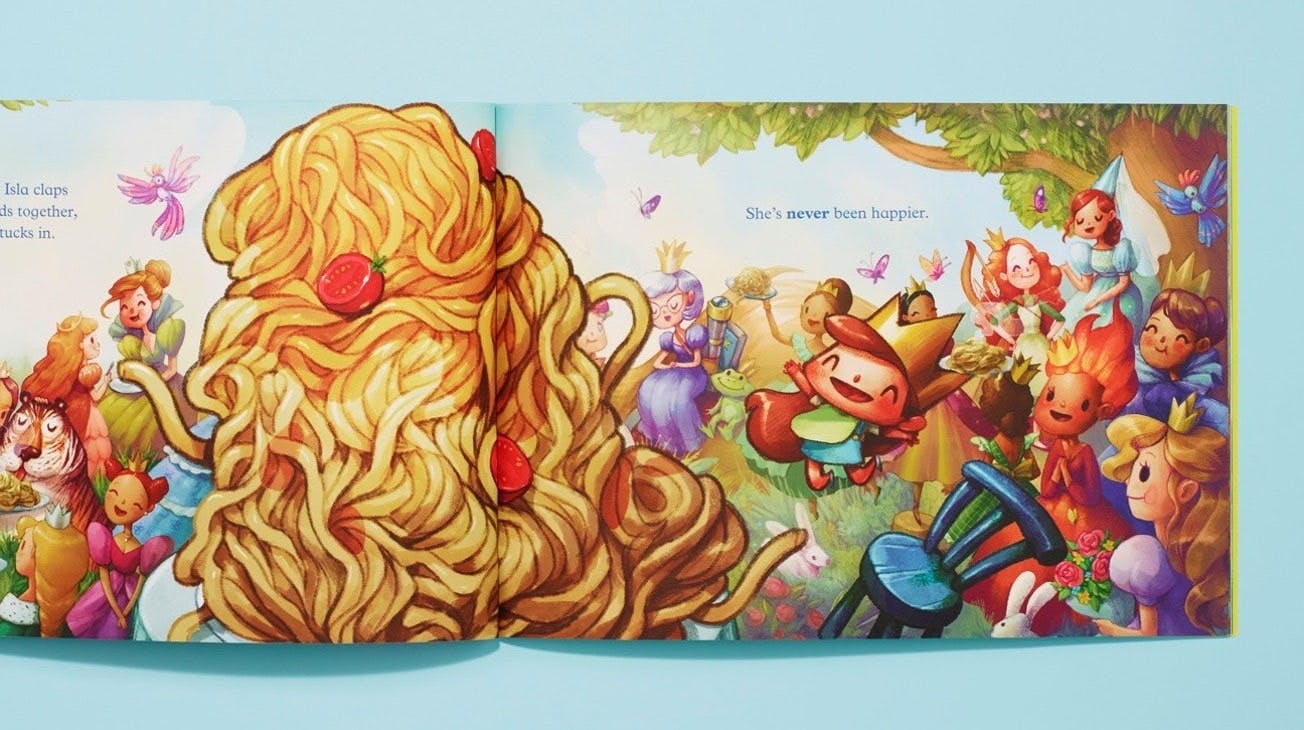 The little girl cheering at the spaghetti pasta in the middle of her kingdom