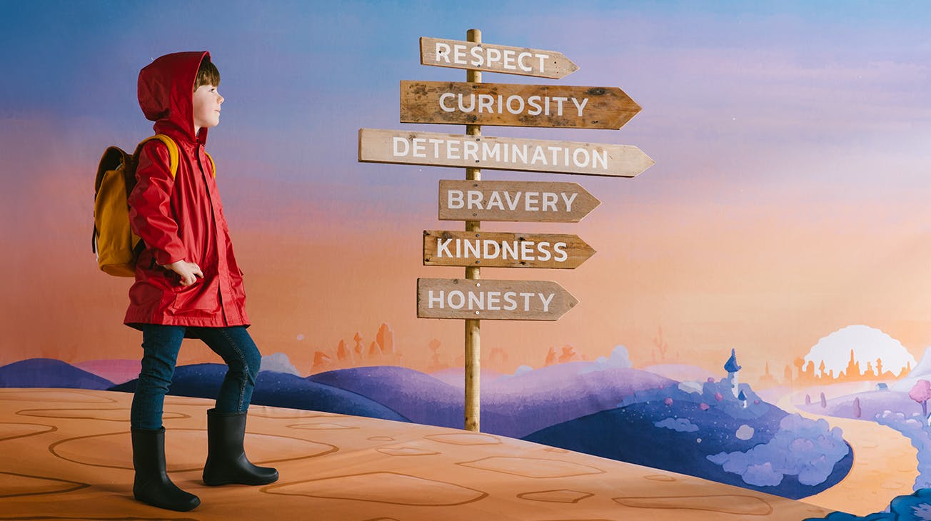 Child and signpost of strengths image for the Wondrous Road book