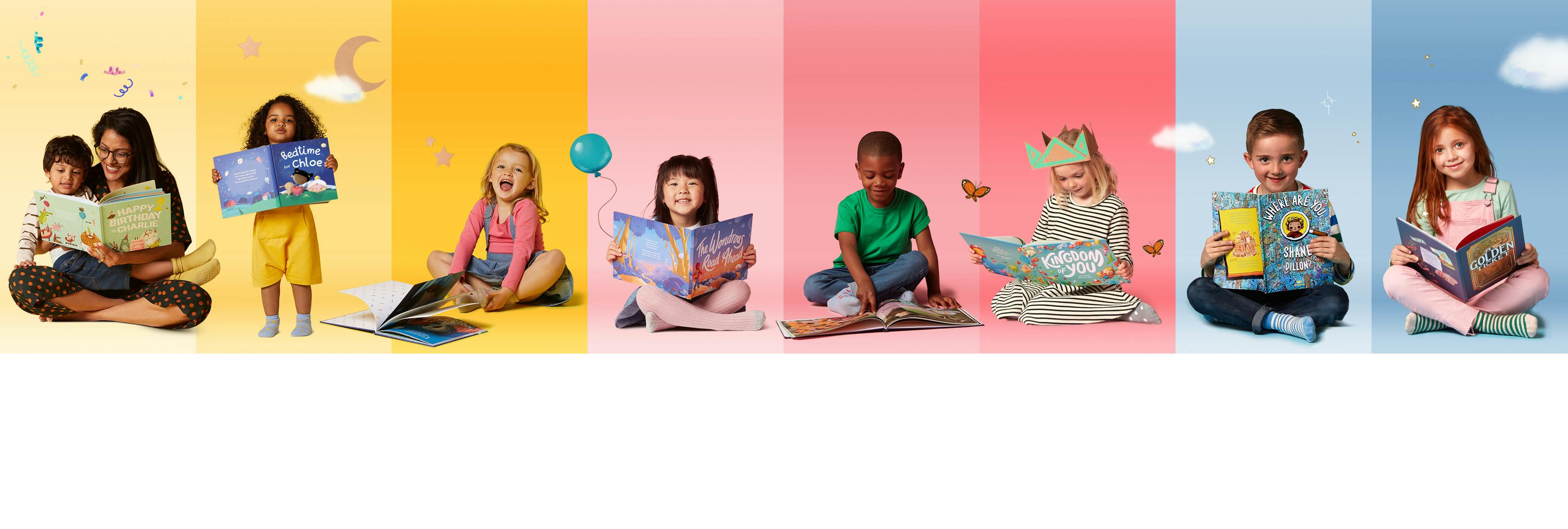 Multiple children reading Wonderbly books against a mutli-coloured background