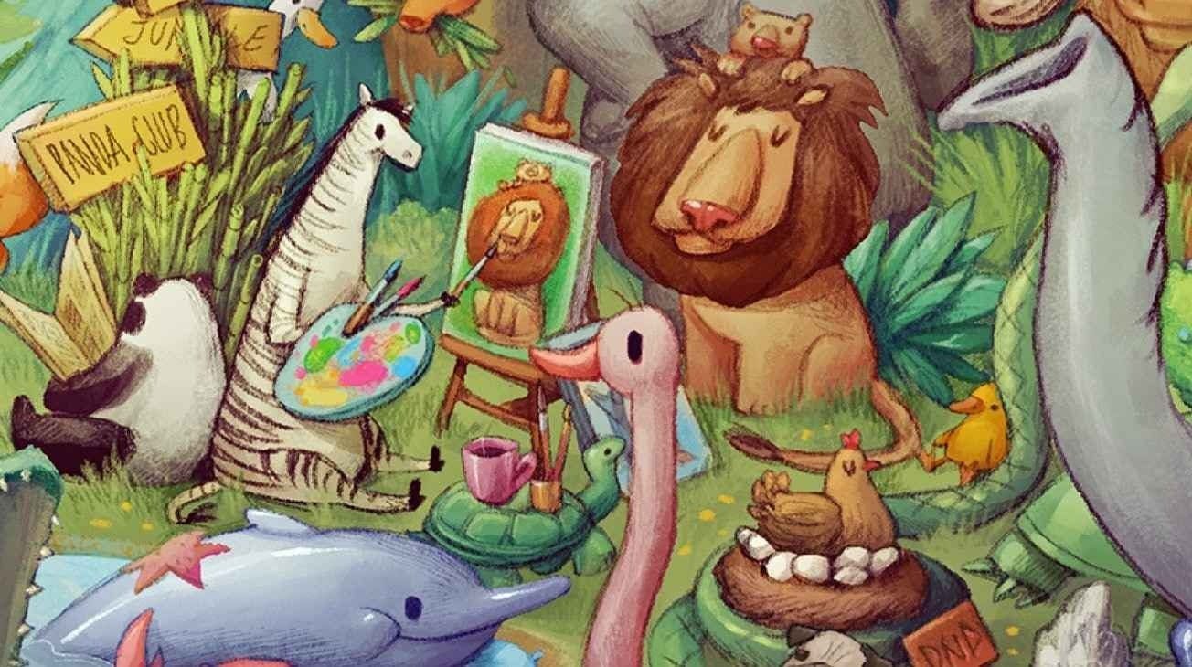 A close up shot of all the animals that feature in the story book