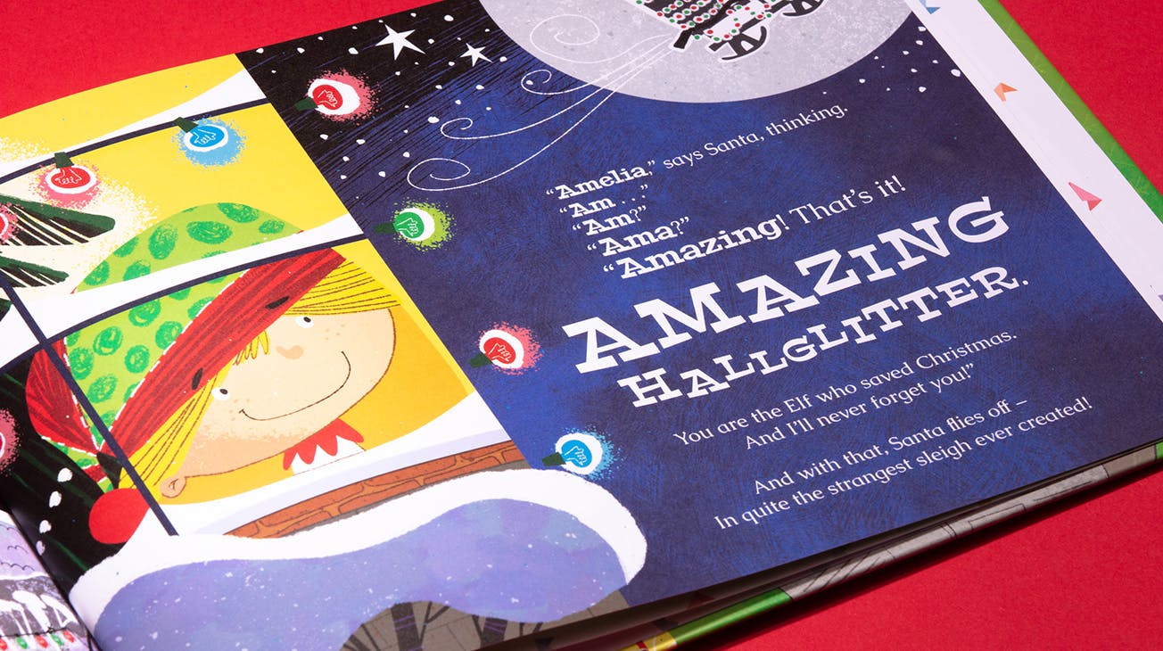 Elf Who Saved Christmas personalised book page with name "Amelia"