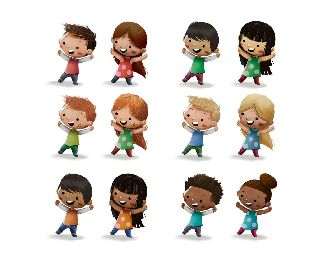 6 boys and 6 girls of different skin and hair colours