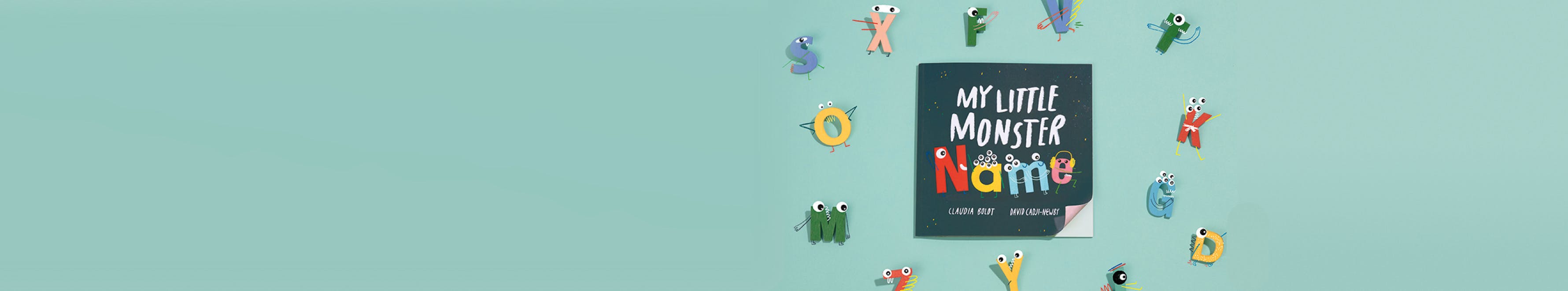 My Little Monster Name book with images of letter characters surrounding it.