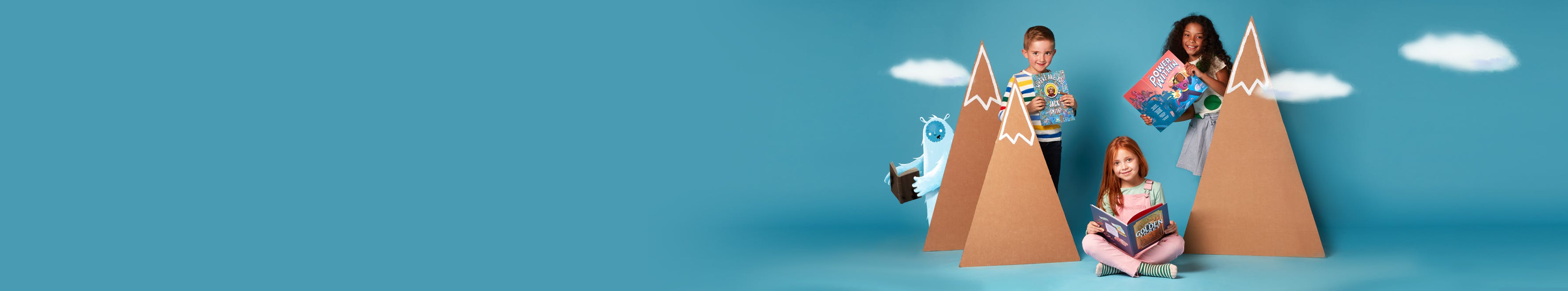 Children reading books mountain and a yeti